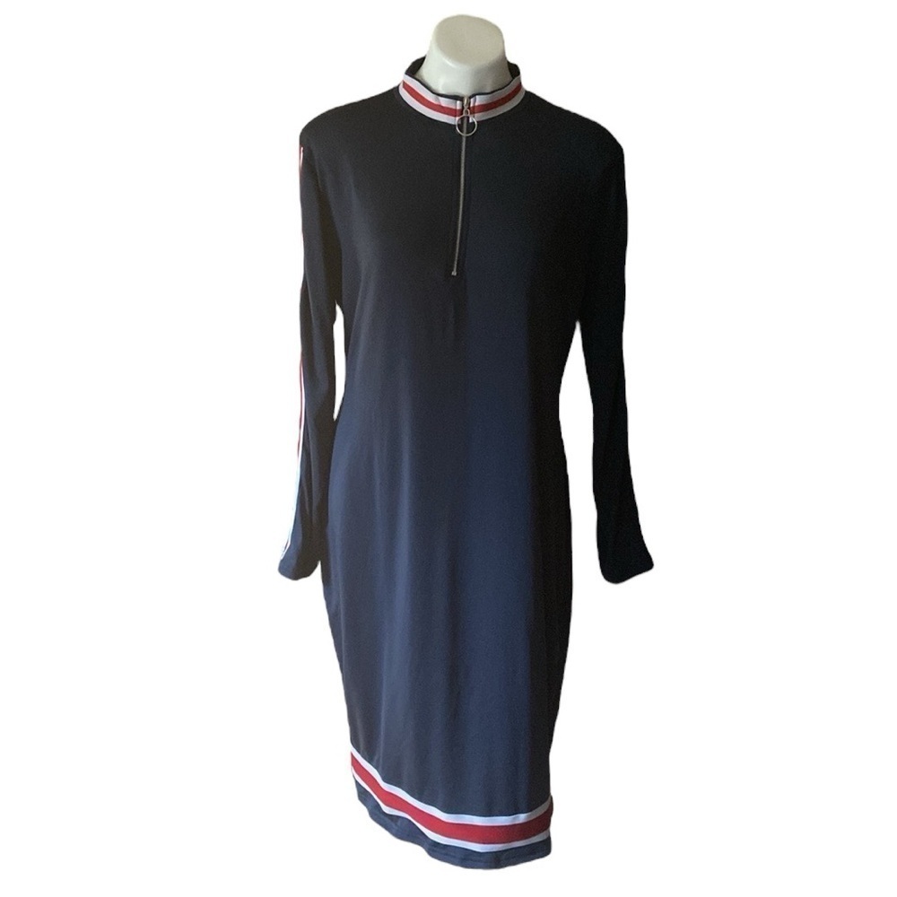 Navy Blue And Red Striped Long Sleeve  Plus Size 2X Midi Dress